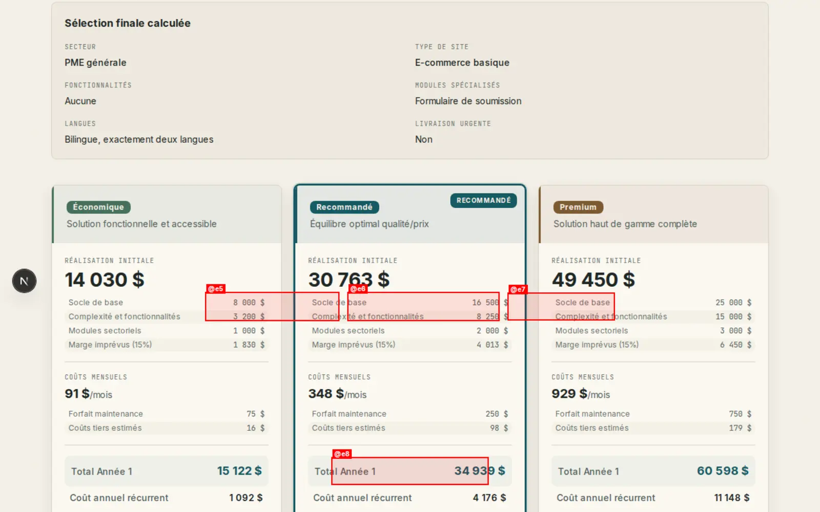 Résultat réel produit par EstimaWeb
